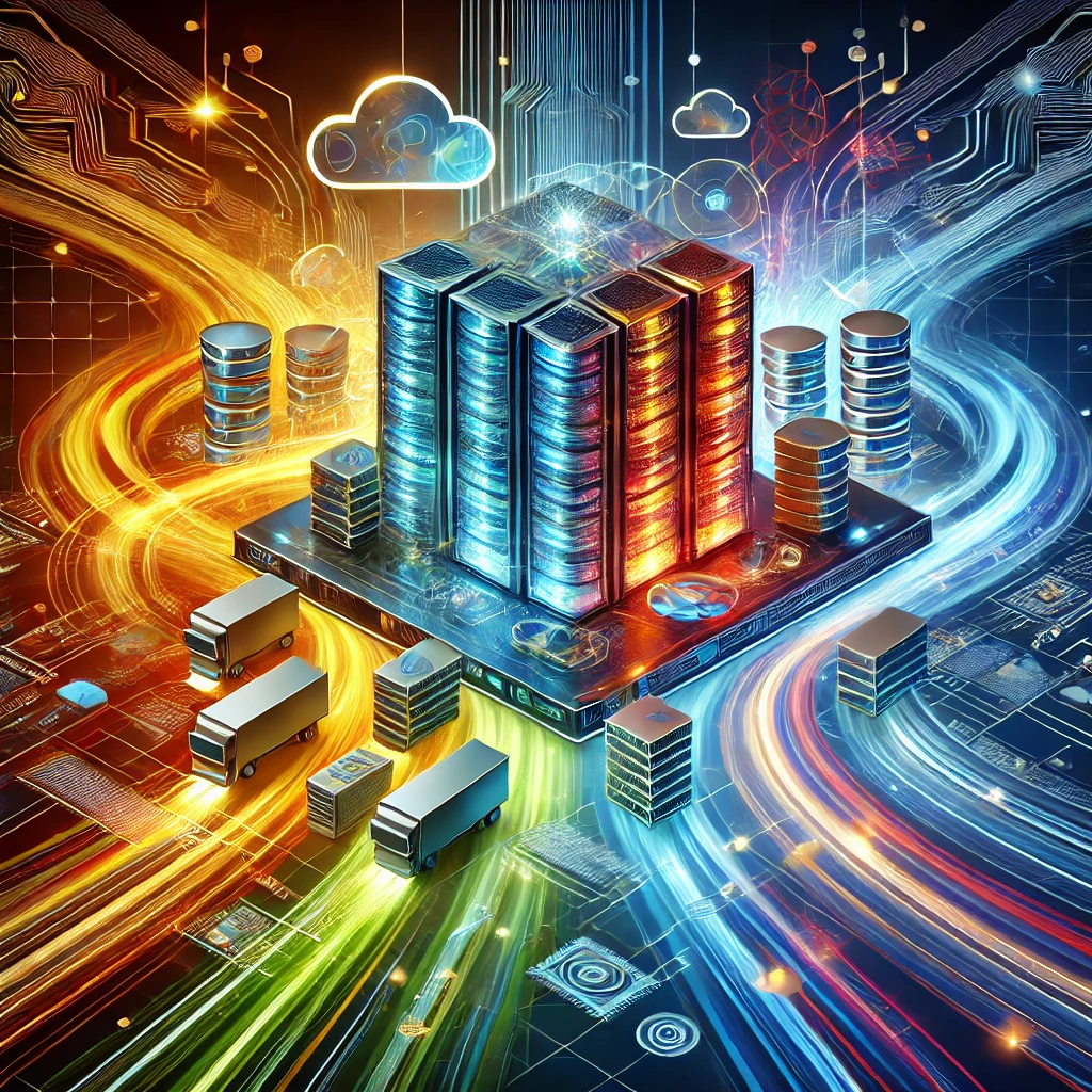 Bright and dynamic illustration of a futuristic data center with glowing servers interconnected by flowing lines, representing traffic and resilience in chaos engineering and load testing.