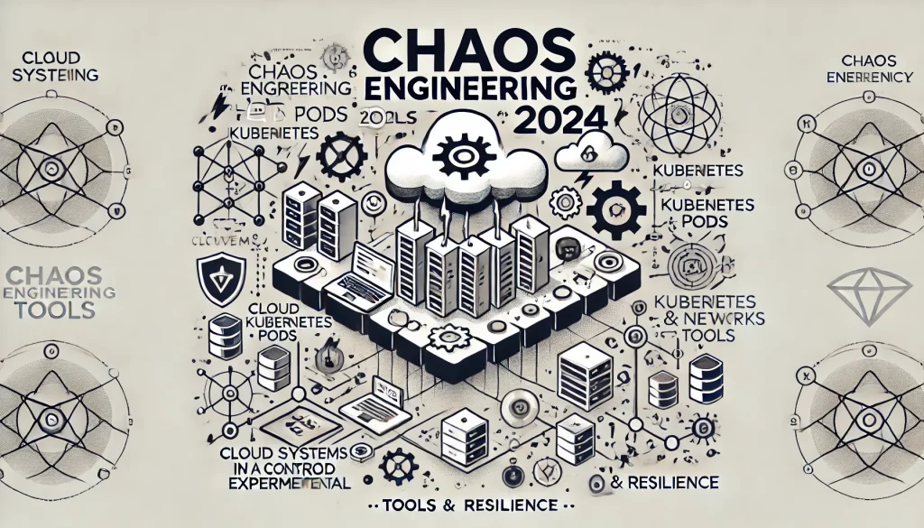 Chaos Engineering Tools 2024 - Modern illustration with abstract representations of cloud systems, Kubernetes pods, and networks on a white background