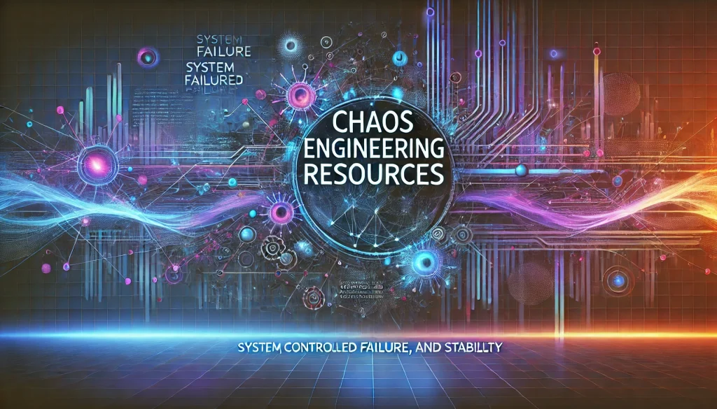 Abstract representation of Chaos Engineering with a futuristic, high-tech design featuring interconnected network nodes, glitch effects, and flowing data lines in deep blues, purples, and neon accents. The bold title "Chaos Engineering Resources" is prominently displayed at the center.