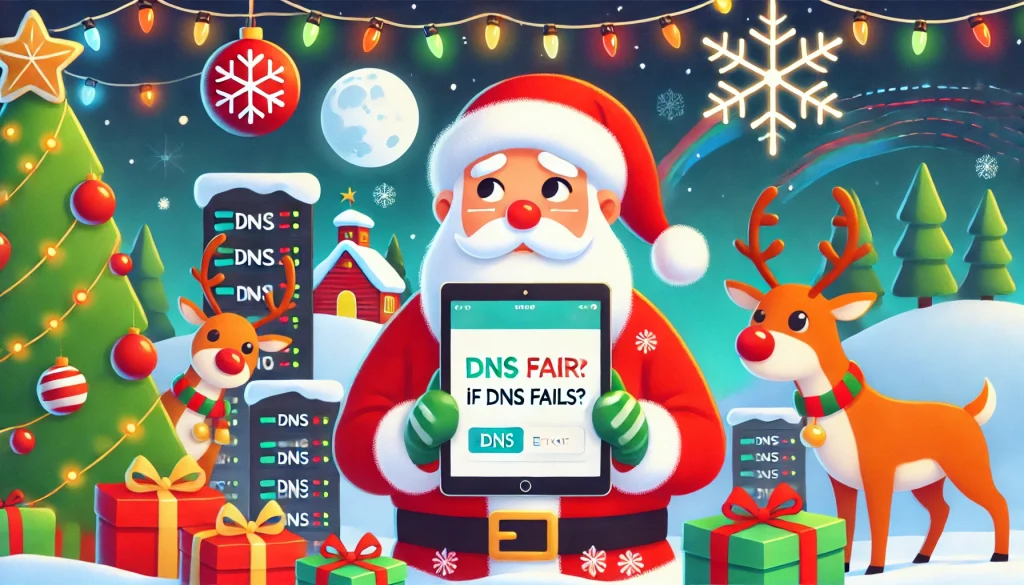 Santa Claus looking puzzled while holding a tablet with a 'DNS Error' message, surrounded by reindeer looking concerned. Colorful Christmas lights flicker in the background, with the North Pole under a starry night sky. Playful holiday elements like candy canes, snowflakes, and subtle tech-inspired server icons are incorporated into the scene.