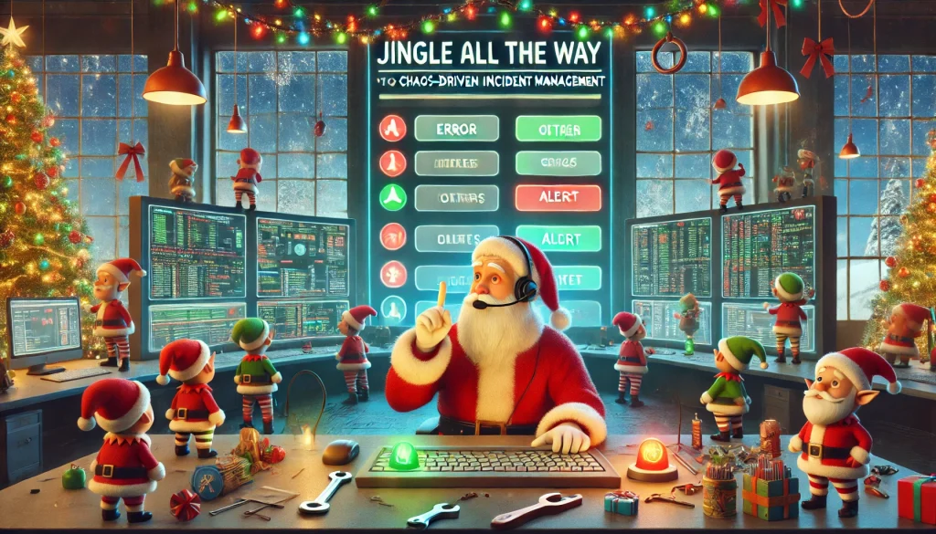 Santa Claus in a command center-style control room filled with screens flashing error alerts, outage warnings, and system dashboards. Santa wears a headset, looking focused as he points at one of the screens. Around him, playful elves rush with wrenches, checklists, and alert bells. The scene is set in a festive holiday atmosphere with Christmas lights, snowflakes falling outside the window, and subtle chaos-themed design elements like alert icons, warning triangles, and network error symbols integrated into the background.