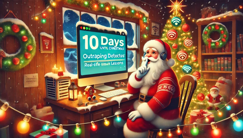 Santa Claus sitting at a desk in a cozy North Pole workshop, looking surprised as he sees an 'Outage Detected' alert on his computer screen. Christmas lights glow around him, a tech-themed Christmas tree with ornaments like Wi-Fi, server, and cloud icons stands nearby, and a countdown clock reads '10 Days Until Christmas.' Snowflakes gently fall outside the window.