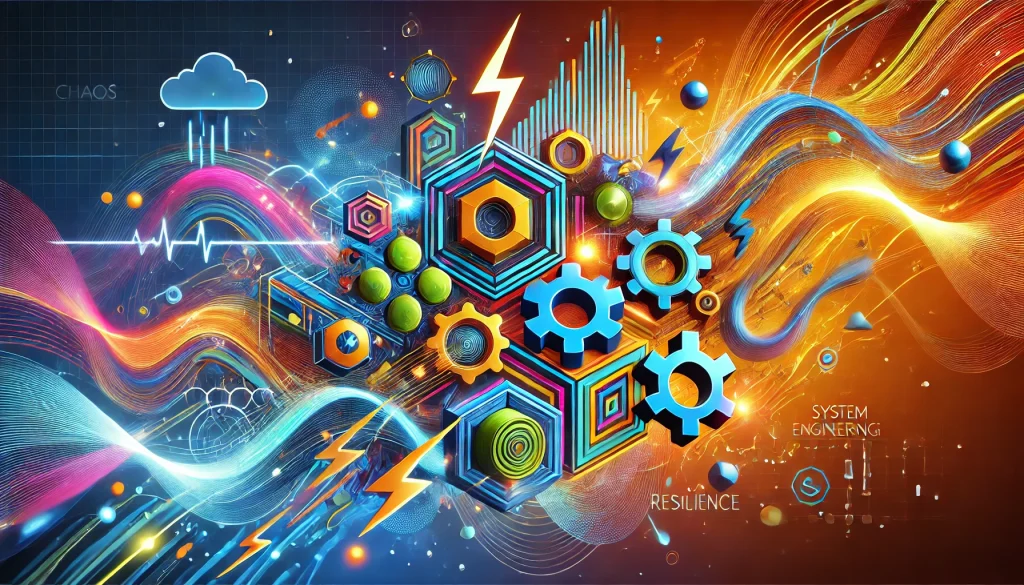 A vibrant abstract illustration featuring interlocking geometric shapes and dynamic patterns in bright colors, symbolizing interconnected systems, chaos, and resilience. Lightning bolts and waveforms represent disruption and recovery, conveying innovation and system reliability.