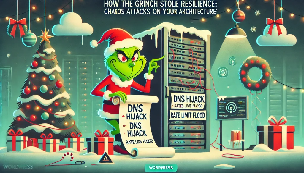 A mischievous Grinch-like character in a Santa hat sneaks around a server rack, unplugging network cables and holding a scroll labeled 'DNS Hijack' and 'Rate Limit Flood.' The festive scene features Christmas lights, a decorated tree, falling snowflakes, and tech elements like cloud icons, error alerts, and warning signs, symbolizing system resilience concepts.