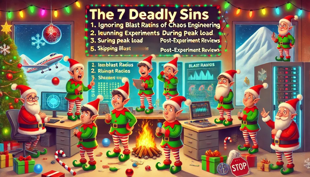 Festive image of seven mischievous elves in a North Pole-style workshop, each representing one of the '7 Deadly Sins of Chaos Engineering.' The elves are causing controlled chaos around glowing server racks, system dashboards with error alerts, and holiday decorations like Christmas lights, snowflakes, and candy canes. Santa Claus is seen in the background, facepalming as he watches the chaos unfold, symbolizing the impact of poor chaos engineering practices.