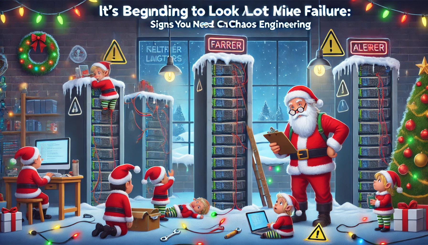 Festive image of Santa Claus holding a clipboard, looking concerned at a row of malfunctioning servers with flashing red error alerts. Mischievous elves are frantically fixing the servers using wrenches and laptops, while one elf is tangled in Christmas lights. The background features Christmas decorations, glowing lights, and snow falling outside a frosty window. Chaos-themed elements like warning icons, broken network cables, and alert symbols symbolize signs of system failure in a playful, holiday-inspired style.