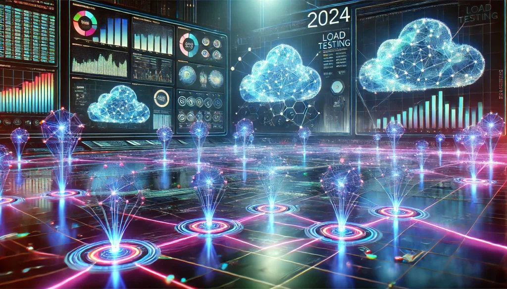 Futuristic load testing concept for 2024 featuring glowing network nodes, luminous data streams, and a sleek high-tech control room with holographic dashboards displaying performance metrics and analytics.