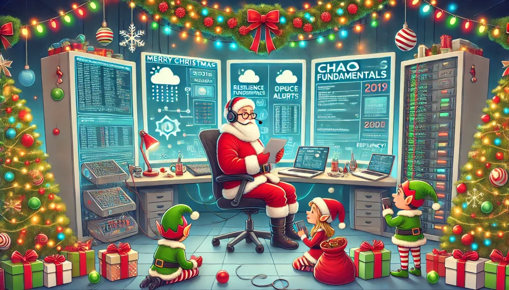 Festive image of Santa Claus wearing a headset and holding a tablet in a high-tech control room decorated for Christmas. Monitors display system dashboards, network alerts, and chaos experiment results. Elves in festive attire work on computers, adjust server racks, and carry gift boxes labeled 'Resilience,' 'Uptime,' and 'Redundancy.' Christmas lights, snowflakes, and holiday ornaments create a cheerful holiday atmosphere, with subtle tech-themed design elements like cloud icons, alert symbols, and system diagrams representing the world of Chaos Engineering.