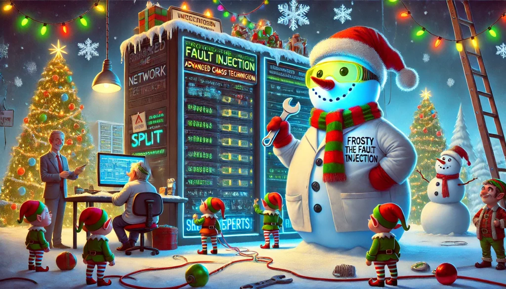 Festive image of 'Frosty the Snowman' as a mischievous Chaos Engineer. Frosty wears a lab coat, safety goggles, and holds a wrench, standing next to a glowing control panel with flashing error alerts, network split icons, and warning triangles. In the background, Christmas lights, snowflakes, and a decorated server rack create a festive atmosphere. Elves wearing hard hats are working on server cables, symbolizing advanced chaos experiments and system testing.