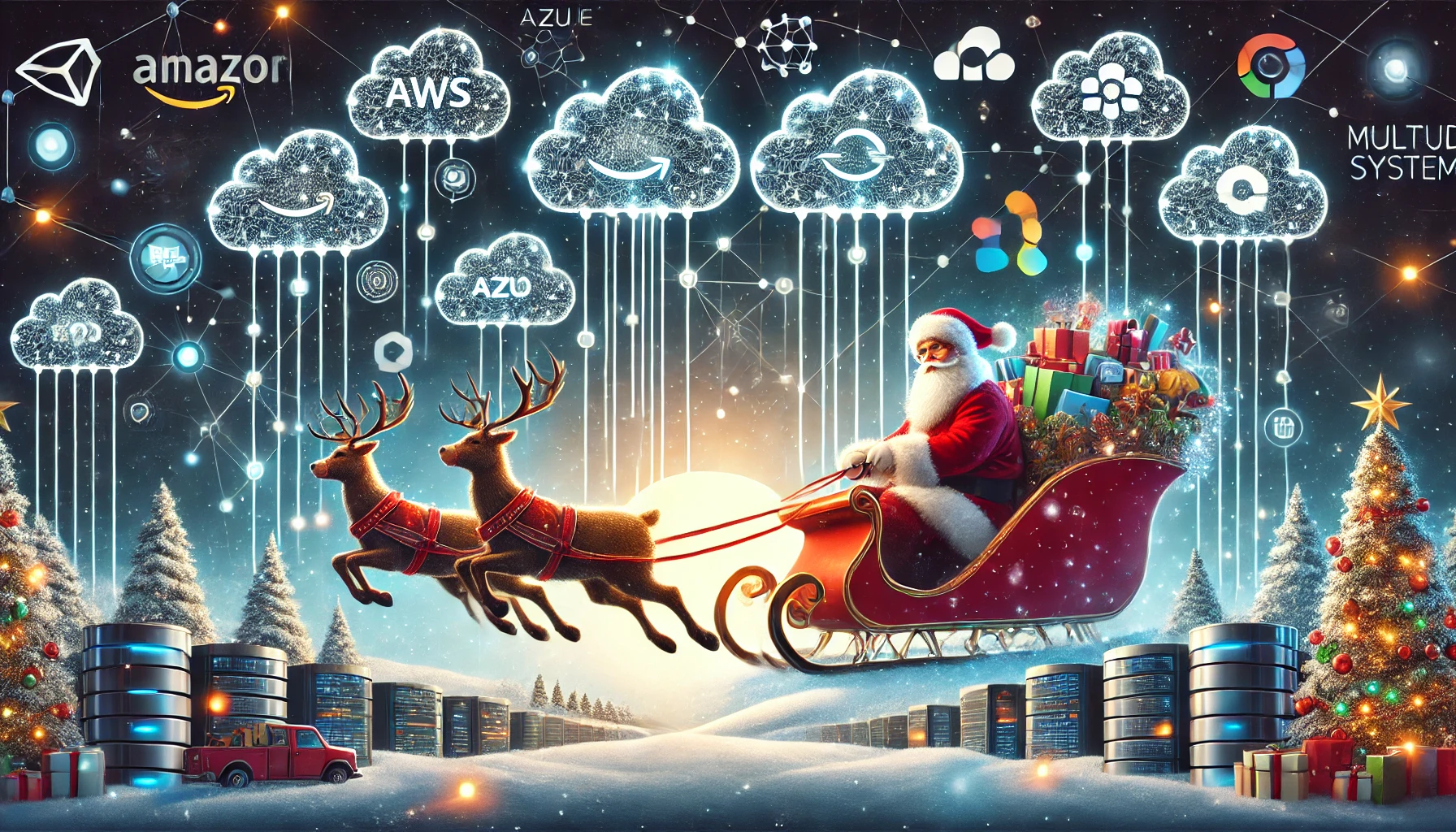 Festive image of Santa Claus flying in a high-tech sleigh pulled by cloud server icons, symbolizing AWS, Azure, and Google Cloud. The sleigh soars through a digital sky filled with glowing cloud connections and network paths. Snowflakes fall around a glowing North Pole in the distance. Chaos-themed elements like alert symbols and system error icons are subtly incorporated to symbolize the complexity of distributed systems and multi-cloud environments.