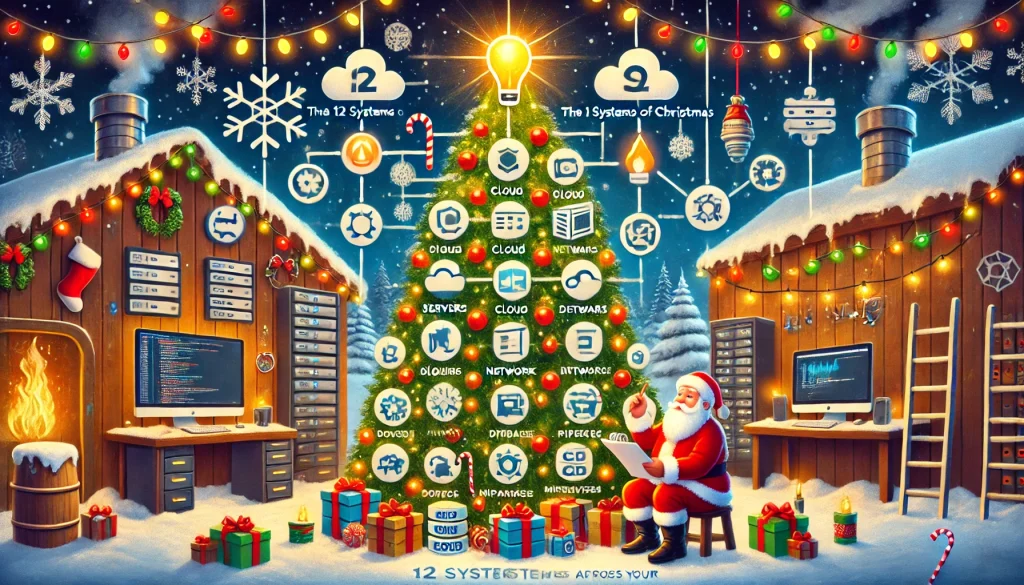 Festive image of a Christmas tree made of 12 tech system icons, including servers, cloud symbols, network nodes, database symbols, CI/CD pipelines, and microservice connections as ornaments. Santa Claus stands nearby with a checklist, inspecting the tree. The background shows a cozy North Pole-style workshop adorned with glowing Christmas lights, snowflakes, and holiday decor. Subtle chaos-themed elements like warning signs, network cables, and server alerts hint at system failures and Chaos Engineering concepts.