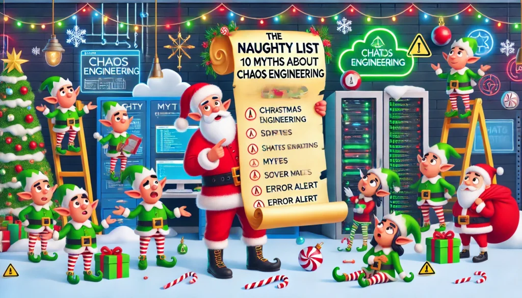 Santa Claus holding a large scroll labeled 'Naughty List' with the word 'Myths' written prominently. Mischievous elves surround him, looking curious and playful. The background is a festive North Pole workshop adorned with Christmas lights, candy canes, and snowflakes. Subtle tech elements like cloud icons, server racks, and error alert symbols are cleverly integrated into the scene to symbolize chaos engineering concepts.